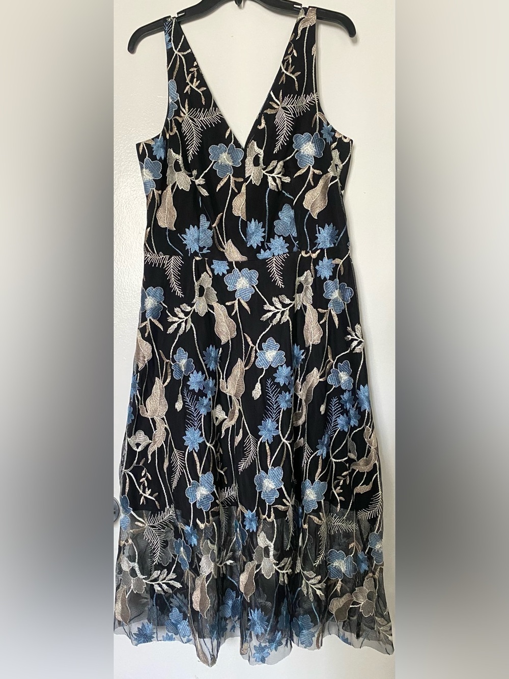 Vince Camuto Black A-Line Dress with Blue and Silver Floral Embroidery